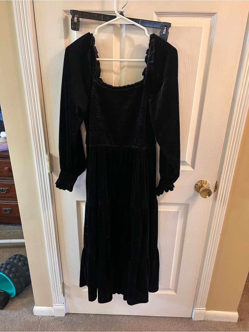 Women’s Black Velvet Maxi Dress with Smocked Bodice